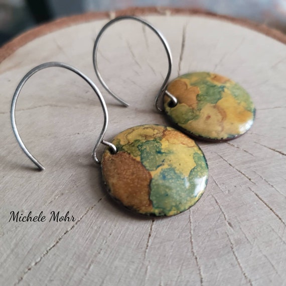 Hand Painted Enamel and Sterling Silver Disc Earrings