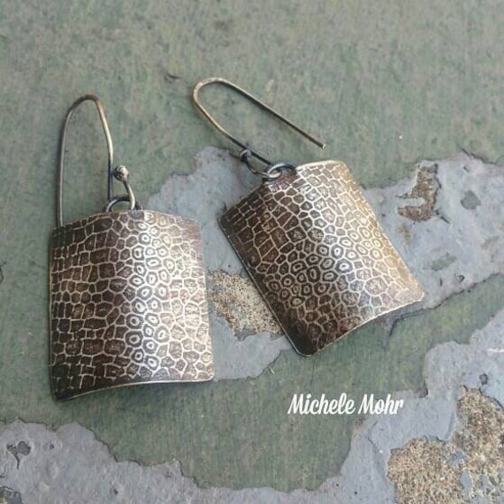 Cellular Oxized Sterling Silver Shield Earrings