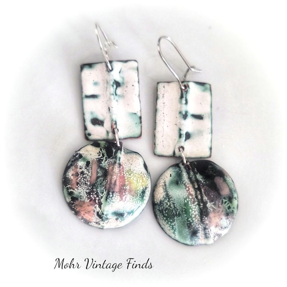 Abstract Foldformed Enamel Earrings with Sterling Silver Kidney Wires; Industrial Edgy Artisan Jewelry