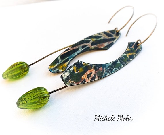 Asymmetrical Abstract Vitreous Enamel and Glass Flower Earrings with Niobium Ear Wires