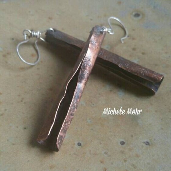 Hand forged and hammered copper and sterling silver earrings