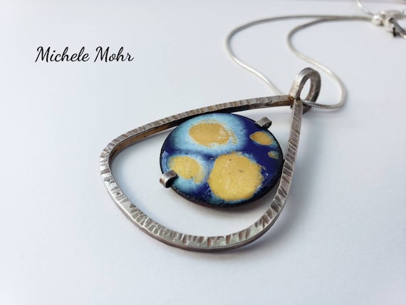 SALE - Moonglow Vitreous Enamel and Sterling Silver Pendant Adjustable 20" Snake Chain Necklace