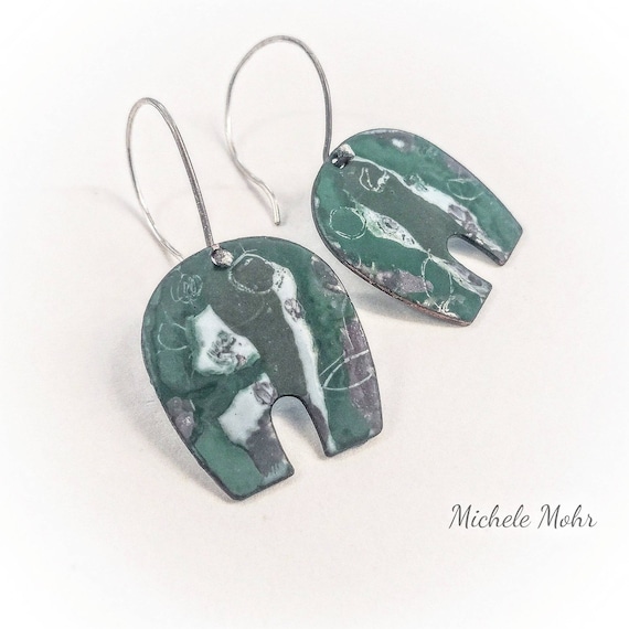 Abstract Water Garden Vitreous Enamel and Sterling Silver Earrings