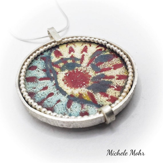 Radiant Vitreous Enamel and Sterling Silver Pendant with Adjacent 20" Snake Chain