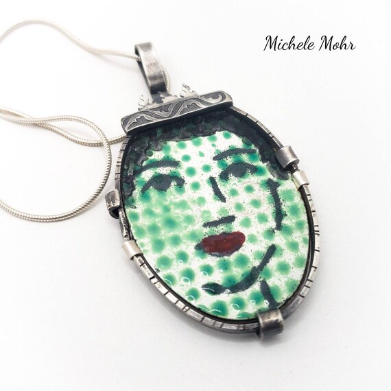Queen of Her Own Destiny Vitreous Enamel Steel, Sterling Silver and Brass Pendant on Adjustable Sterling Silver 20" Chain
