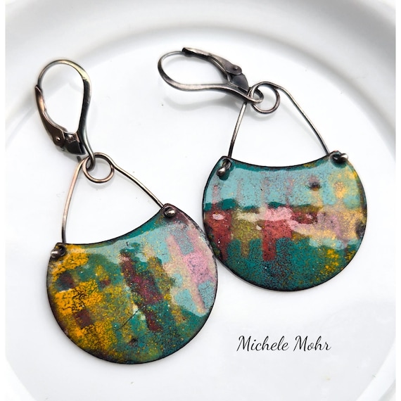 Visions Vitreous Enamel and Sterling Silver Lever Back Earrings