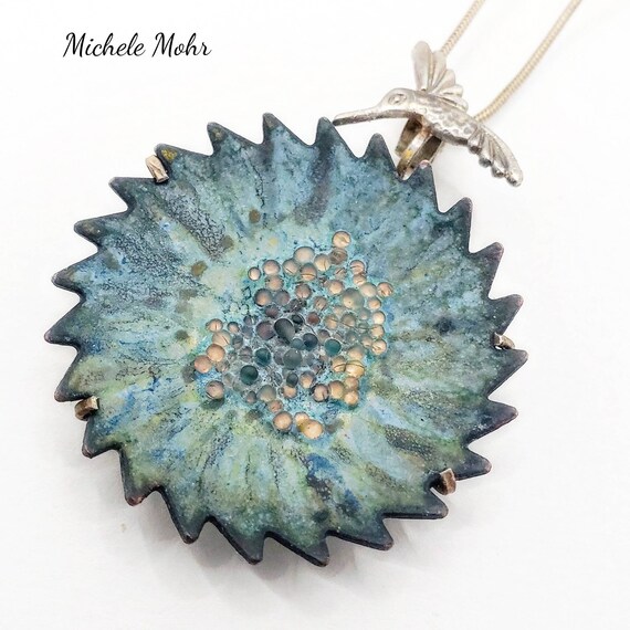 Blue Paradise Vitreous Enamel Flower and Hummingbird Pendant Adjustable 20" Chain/Necklace