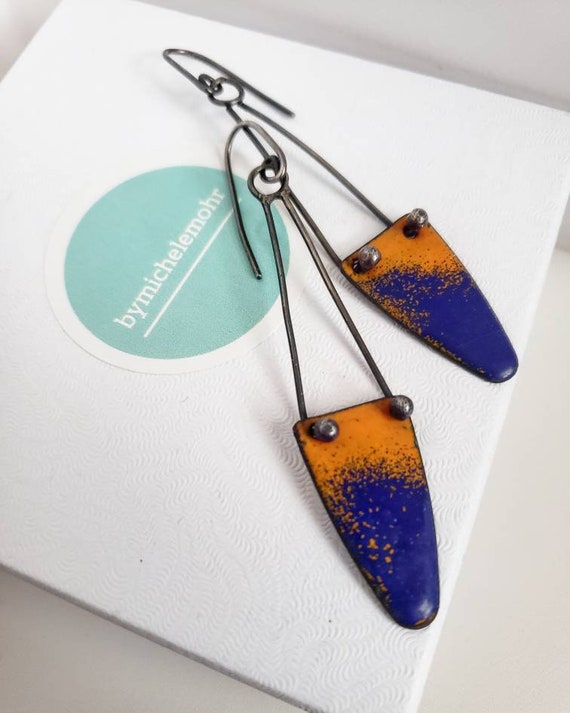Flying Trapeze Vitreous Enamel and Oxidized Sterling Silver Earrings