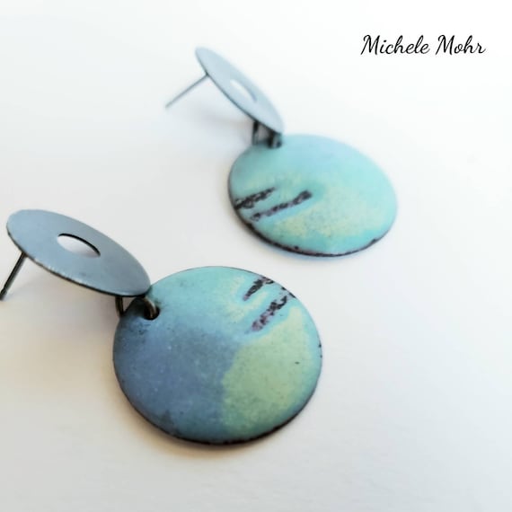 Ocean Breeze Vitreous Enamel and Oxidized Sterling Silver Stud Post Earrings