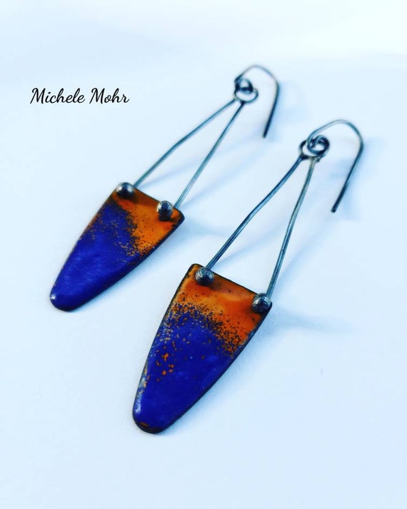 Flying Trapeze Vitreous Enamel and Oxidized Sterling Silver Earrings