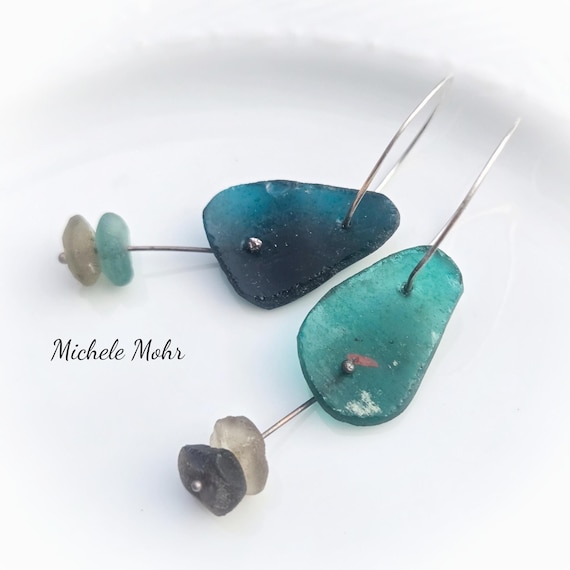 Colors of the Ocean Roman Glass and Sterling Silver Dangle Hoop Earrings.