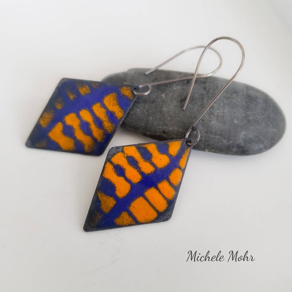 Abstract Vitreous Enamel Earrings with Oxidzed Sterling Silver Ear Wires - 2 sided design