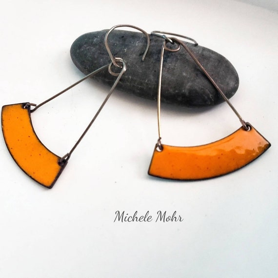 Sunset Orange Trapeze Enamel and Sterling Silver Earrings