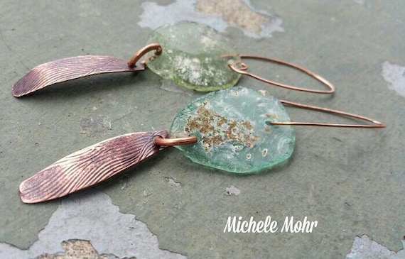 Handcrafted Organic Textured Copper Pod and Sea Glass Bohemian Earrings - Long Dangles 3.5" including earwire