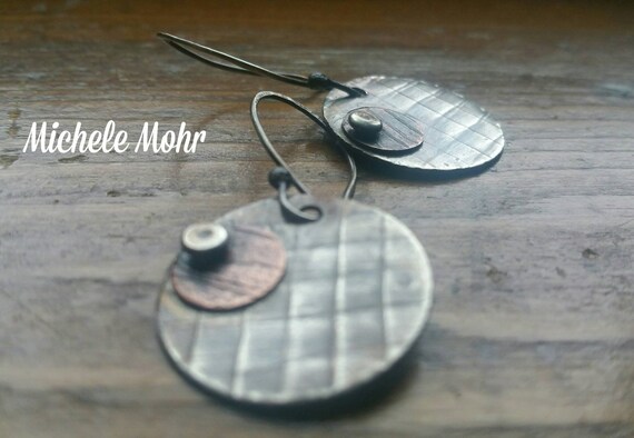 Textured Sterling Silver and Copper Riveted Earrings with Oxidized Sterling Silver Earwires