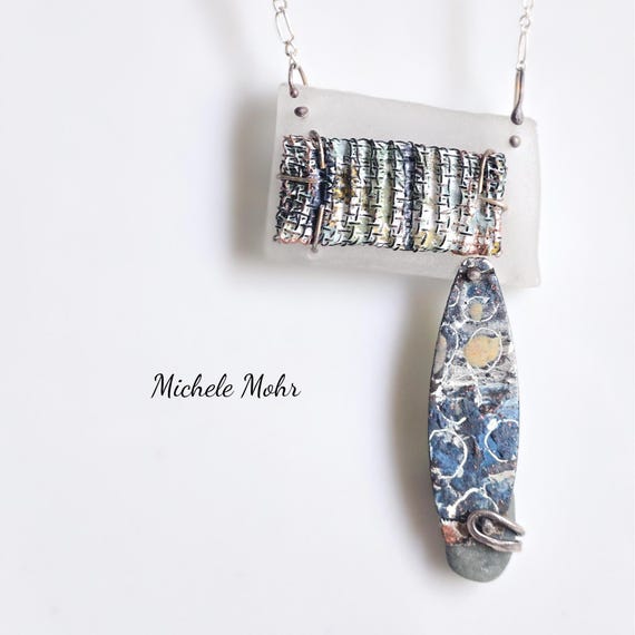 Beach Pebbles Asymmetrical Enameled Steel and Enameled Copper Riveted to Plexiglass with Beach Pebble and Sterling Silver Necklace