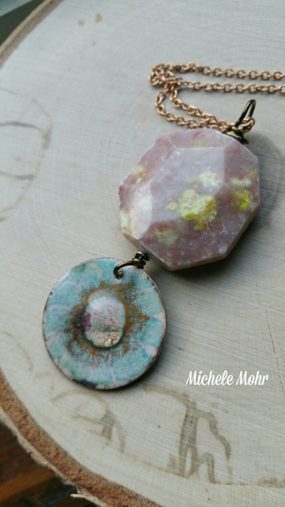 Earth Sun and Sky Vitreous Enamel Copper and Stone Pendant on Raw Brass 24" Necklace