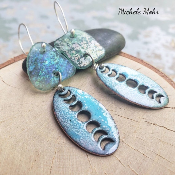 Roman Glass and Enamel Moon Earrings with Fine Silver Ear Wires