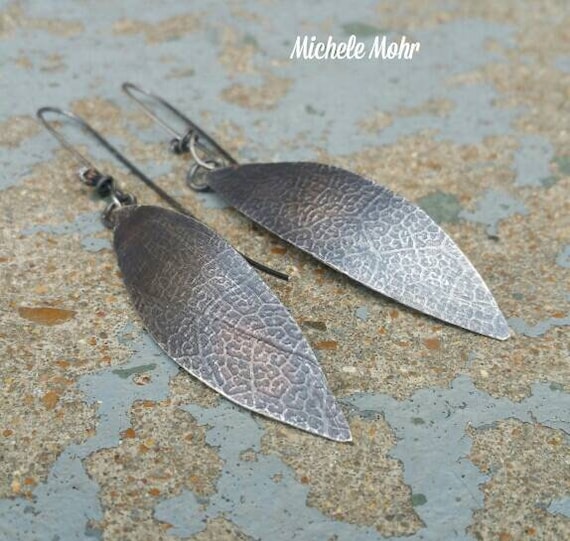 Long Textured and Oxidized Sterling Silver Leaf Earrings