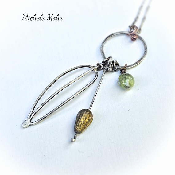 Hand Forged Sterling Silver Leaf Necklace: Enameled & Czech Glass Charm