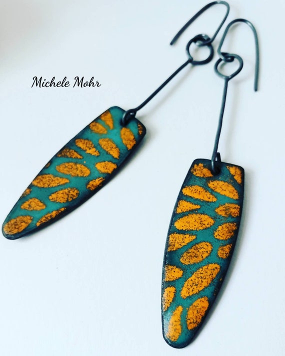 Seafoam Green and Sunset Orange Vitreous Enamel Earrings with Oxidized Sterling Silver Ear Wires