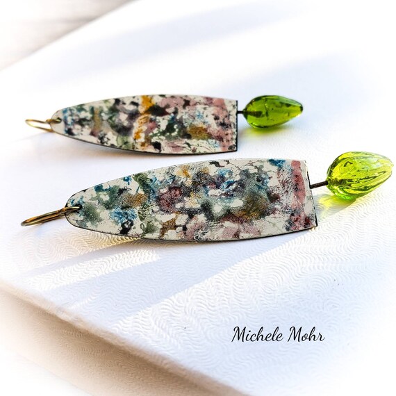Hand Painted Abstract Vitreous Enameled Steel and Glass Flower Earrings with Niobium Ear Wires