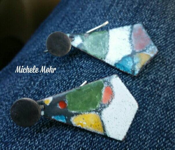 Multicolored Graphic Geometric Handpainted Kiln Fired Enamel Earrings with Sterling Silver Ear Wires