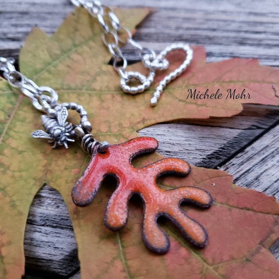 Enamel Autumn Leaf and Sterling Silver Bee 18" Sterling Silver Necklace