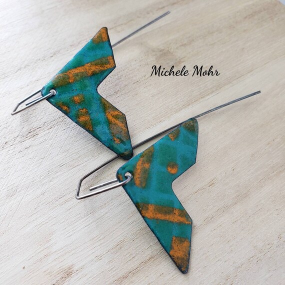 Chevron Geometric Vitreous Enamel and Oxidized Sterling Silver Earrings