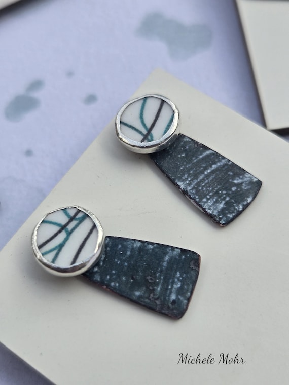 Steel Gray and White Enamel Copper and White, Black, and Aqua Mod Formica Sterling Silver Stud Post 4 in 1 Convertible Earrings