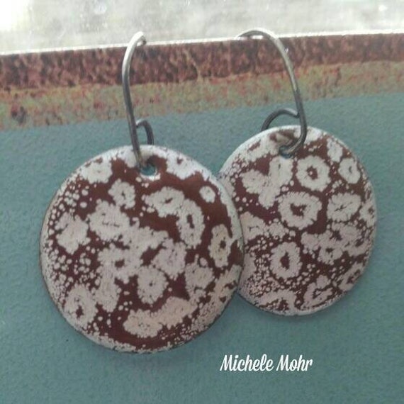 SALE Brown and White Kiln-fired Enamel Earrings with Sterling Silver Ear Wires