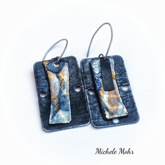 Bohemian Dream Enameled Steel and Oxidized Metal Earrings with Hypoallergenic Niobium Ear Wires