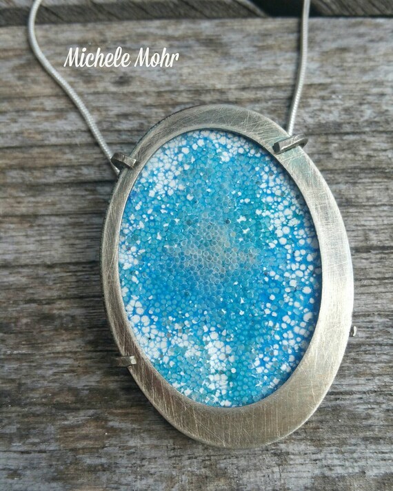 Misty Morning Vitreous Enamel Copper and Sterling Silver Pendant Necklace