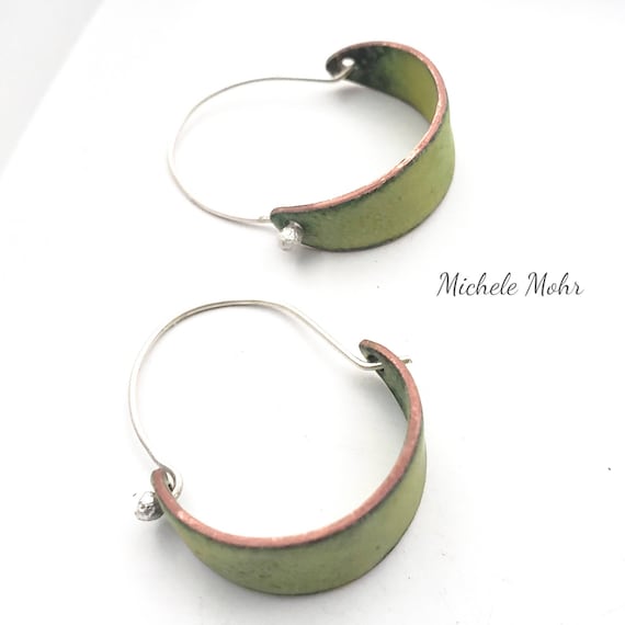 Spring Bitter Green Vitreous Enamel and Fine Silver Hoop Earrings.
