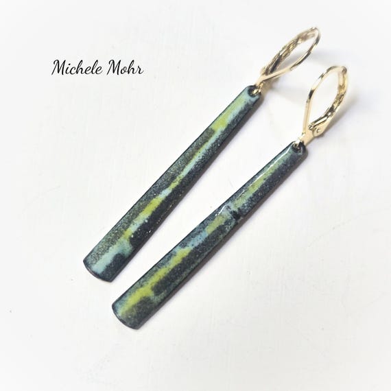 Abstract Enamel Stick Earrings: Green, Blue, Gray, 18k Gold