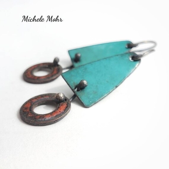 Dangerous Duo Spruce Green and Burnt Orange Vitreous Enamel Earrings with Sterling Silver Ear Wires