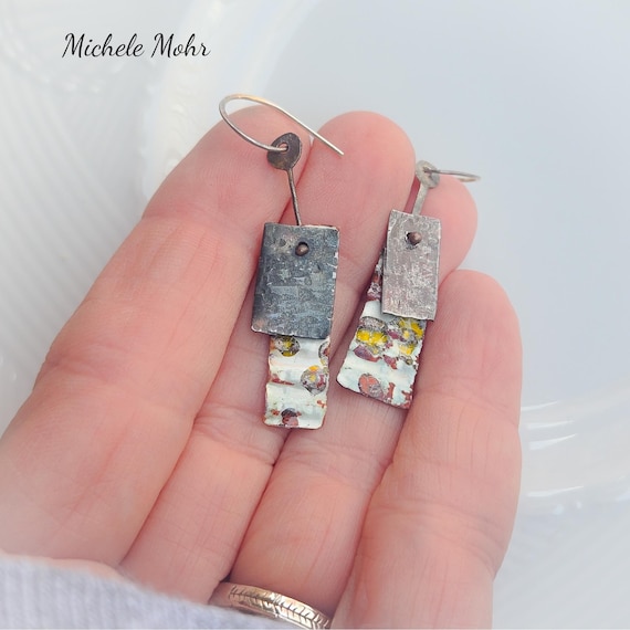 Foldformed Enameled Copper Earrings, Hammered Steel, Oxidized Sterling Silver Wires