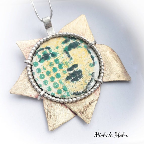 Sun Goddess Vitreous Enamel Steel Brass and Sterling Silver Pendant on adjustable 20" Sterling Silver Snake Chain