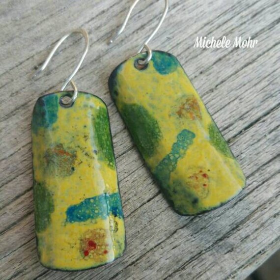 Abstract Enameled Copper and Sterling Silver Earrings
