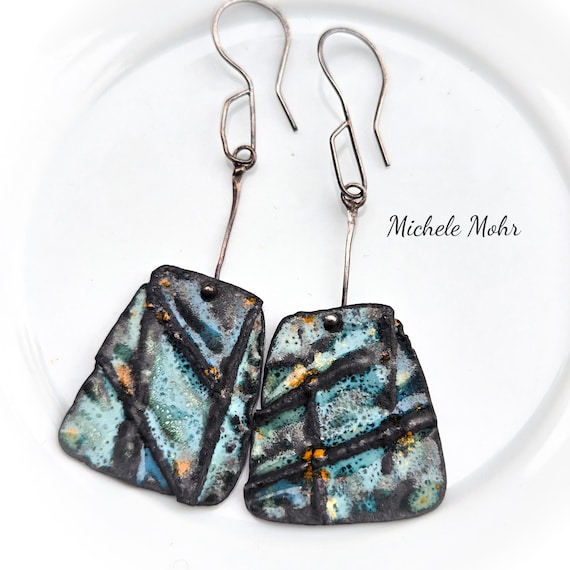 Enchanted Forest Vitreous Enamel and Foldformed Earrings with Sterling Silver Hanger and Ear Wires