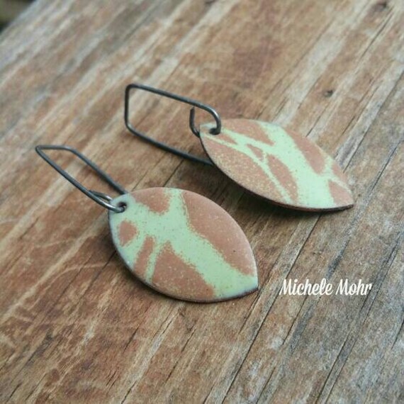 Matte Leaf Enamel Earrings - Glass fused to copper. Oxized sterling silver earrings. Artisan jewelry.