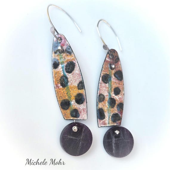 Ladybug Abstract Enameled Steel, Sgrafitto Acrylic Sterling Silver Earrings