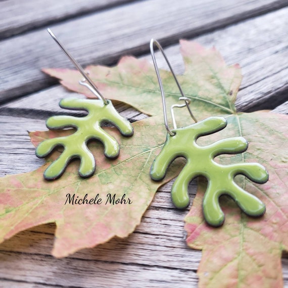 Bitter Green Vitreous Enamel Leaf Earrings