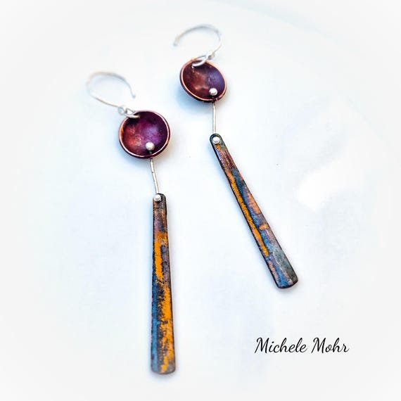 Feeling Fine Vitreous Enamel and Sterling Silver Skinny Earrings with Copper Dome and Fine Silver Ear Wires