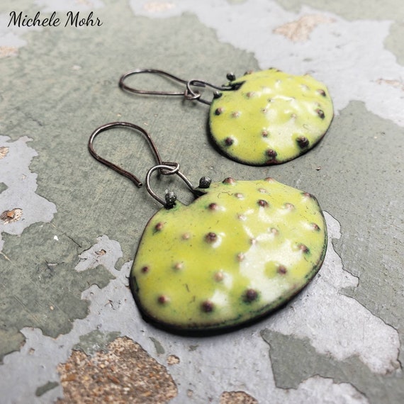 Nopales Cactus Leaves Vitreous Enamel and Sterling Silver Shield Earrings