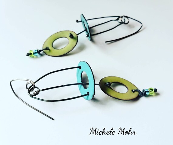 Seafoam and Bitter Green Kinetic Oxidized Sterling Silver Vitreous Enamel Earrings