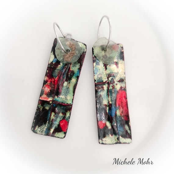 Foldformed Enamel Copper Earrings: Roman Glass, Stainless Steel Hoops