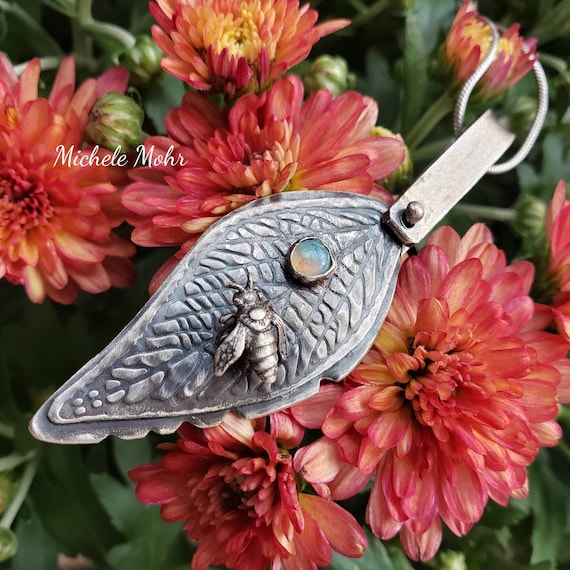 Sterling Silver Leaf, Bee and Ethiopian Opal Necklace