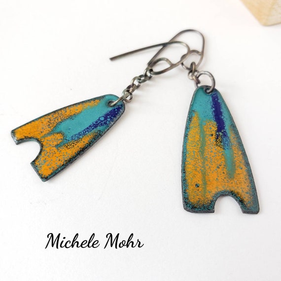 SALE - Asymmetrical Paint Splat Vitreous Enamel and Sterling Silver Earrings