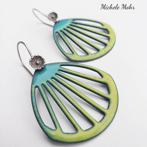 Spruce and Bitter Green Vitreous Enamel Earrings with Fine Silver Ear Wires